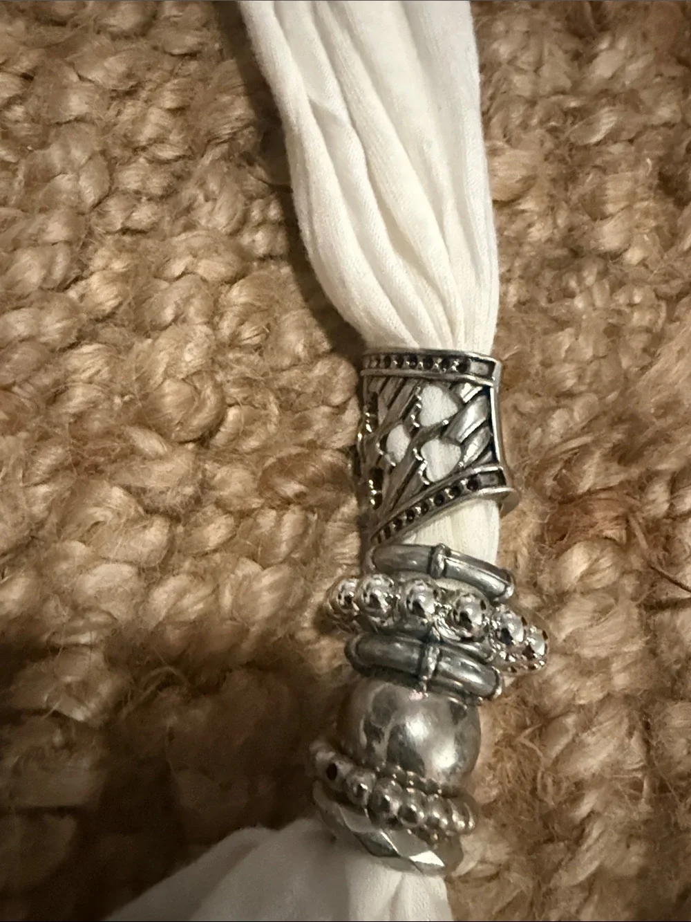 White Scarf Belt with Silver Dragonfly Charm Silver Accents LIKE NEW